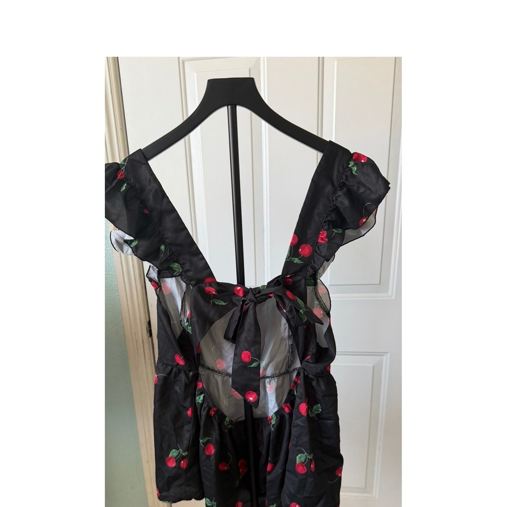 SHEIN Curve Black Cherry Print Ruffle‎ Sleeve Tie Back Mini Dress Plus Size 4XL - Picture 2 of 3